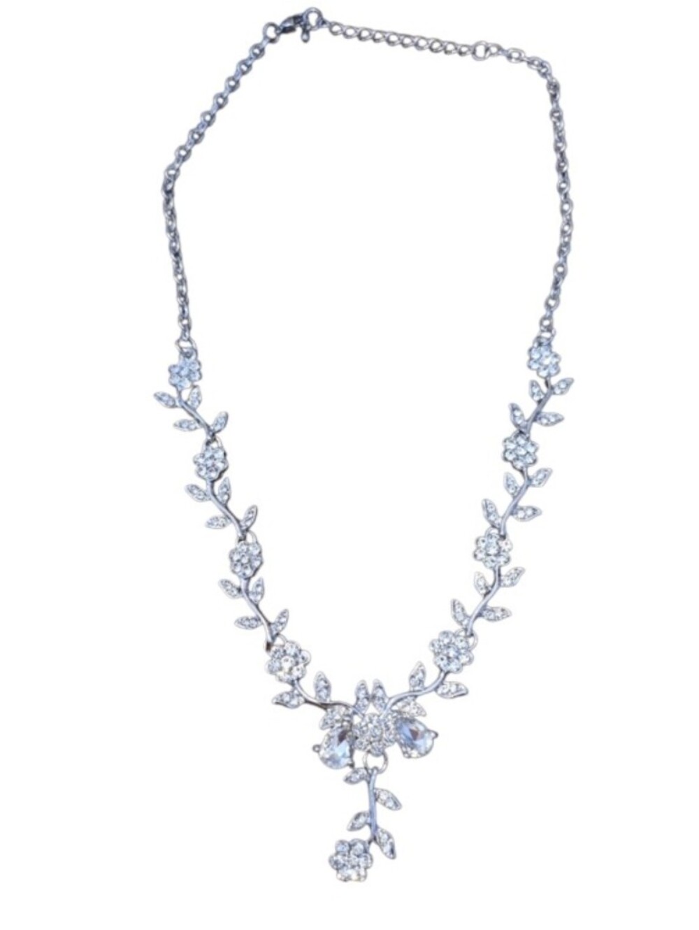 Crystal Vine Silvertone Floral Necklace In EUC